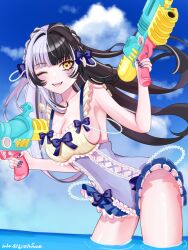 1girl absurdres black_hair blue_bow blue_one-piece_swimsuit blue_sky bow breasts cleavage cloud cloudy_sky cumulonimbus_cloud dual_wielding fangs grey_hair hair_bow highres holding holding_water_gun hololive hololive_english large_breasts long_hair multicolored_hair one-piece_swimsuit one_eye_closed open_mouth shiori_novella sideboob sky solo split-color_hair swimsuit teeth two-tone_hair uji10ukifune virtual_youtuber wading water water_gun yellow_eyes
