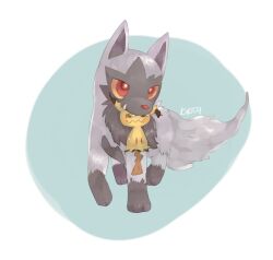animal_focus artist_name black_eyes blue_background border colored_sclera creatures_(company) fangs full_body game_freak gen_3_pokemon gen_7_pokemon highres looking_up mimikyu mouth_hold natsumekan nintendo no_humans outside_border pokemon pokemon_(creature) poochyena red_eyes signature simple_background standing sweat white_border yellow_sclera