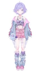 1girl absurdres amiya_aranha amiya_aranha_(3rd_costume) bag black_camisole breasts bucko_(amiya_aranha) camisole choker cleavage collarbone commentary corset_piercing english_commentary hair_ornament heart heart_hair_ornament highres indie_virtual_youtuber leg_warmers looking_at_viewer mashiro_shiki navel off_shoulder official_alternate_costume official_art pink_choker pink_shoes purple_eyes purple_leg_warmers shoes short_hair simple_background sleeves_past_wrists small_breasts smile solo tamagotchi virtual_youtuber