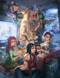 10s 3boys 6+girls ahoge aran_sweater ass bare_shoulders blue_hair breasts butt_crack cable_knit cake capcom casual choker chun-li cleavage closed_eyes cloud colored_skin company_connection crossover dark_skin double_bun eating elbow_gloves eyewear_on_head felicia_(darkstalkers) food furry gloves green_skin hair_bun hairband handheld_game_console highres jean_grey jennifer_walters ken_masters laura_kinney hsien-ko long_hair marvel marvel_vs._capcom marvel_vs._capcom_3 medium_breasts mega_man_(series) mega_man_legends_(series) midriff morrigan_aensland mouth_hold multiple_boys multiple_girls nintendo_ds odd_one_out open_mouth playing_games red_hair rocket_raccoon saejin_oh she-hulk shouryuuken storm_(x-men) street_fighter sunglasses sweatdrop sweater television tron_bonne_(mega_man) turtleneck uppercut darkstalkers video_game wolverine_(x-men) x-23 x-men