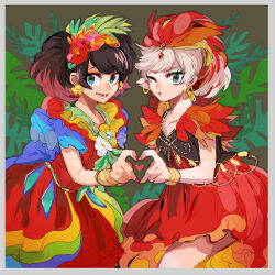 2girls absurdres animification blue_hair daisy_duck disneyland dress flower hair_flower hair_ornament heart highres humanization long_eyelashes looking_at_viewer mickey_mouse_&amp;_friends minnie_mouse moov_(mb_52) multiple_girls open_mouth short_hair short_sleeves smile