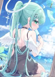 1girl angel angel_wings bare_shoulders black_dress blue_sky blurry blurry_background cloud clover_hair_ornament commentary_request day dress food food_in_mouth from_behind green_eyes green_hair hair_ornament halo halo_ornament highres holding holding_food holding_popsicle livia_(mikaze_oto) long_hair looking_at_viewer mikaze_oto original ponytail popsicle popsicle_in_mouth sitting sky solo very_long_hair wings
