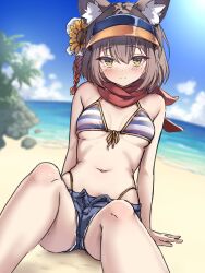 1girl 3: animal_ear_fluff animal_ears arms_at_sides bare_shoulders beach bikini blue_archive blue_sky blush breasts breasts_apart brown_hair closed_mouth day denim denim_shorts eyeshadow feet_out_of_frame flower fox_ears fox_girl front-tie_bikini_top front-tie_top hair_between_eyes hair_flower hair_ornament halterneck highleg highleg_bikini highres izuna_(blue_archive) izuna_(swimsuit)_(blue_archive) looking_at_viewer makeup medium_breasts medium_hair navel ocean official_alternate_costume outdoors red_eyeshadow red_scarf ryuudog scarf shorts sitting sketch skindentation sky solo split_mouth stomach striped_bikini striped_clothes sunflower sunflower_hair_ornament sunlight swimsuit underboob visor_cap yellow_eyes