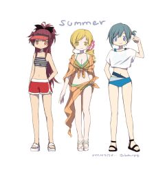 3girls arm_behind_back bikini blonde_hair blue_bikini blue_eyes blue_hair breasts cleavage cropped_shirt drill_hair english_text full_body green_bikini high_ponytail highres itou_(ankocha-mgmg) long_hair mahou_shoujo_madoka_magica mahou_shoujo_madoka_magica_(anime) miki_sayaka multiple_girls navel orange_sarong ponytail red_hair red_shorts red_visor sakura_kyoko sandals sarong shirt short_hair short_ponytail shorts side_ponytail simple_background standing summer swimsuit tomoe_mami visor_cap white_background white_shirt yellow_eyes
