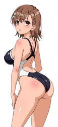 Rule 34 | 1girl, alternate breast size, ass, blue one-piece swimsuit, blush, breasts, brown eyes, brown hair, competition swimsuit, covered erect nipples, from behind, frozen gingasan, hair ornament, highleg, highleg one-piece swimsuit, highres, large breasts, looking at viewer, looking back, misaka mikoto, multicolored swimsuit, one-piece swimsuit, open mouth, shiny skin, short hair, simple background, solo, standing, swimsuit, toaru kagaku no railgun, toaru majutsu no index, tokiwadai school swimsuit, tongue, two-tone one-piece swimsuit, two-tone swimsuit, white background