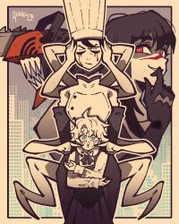 1boy 3girls absurdres akaiguarts apron arthropod_limbs blood bloody_tears blue_eyes chainsaw chainsaw_man cheek_poking chef chef_hat closed_eyes denji_(chainsaw_man) dress extra_arms falling_devil_(chainsaw_man) flat_top_chef_hat gloves hat highres holding_detached_head long_sleeves multiple_girls pants pinafore_dress poking red_eyes scar scar_on_face scar_on_nose sharp_teeth sleeveless sleeveless_dress teeth waist_apron white_haired_girl_(chainsaw_man) yoru_(chainsaw_man)