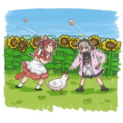 2girls absurdres akami_karubi animal_ears apron bird black_dress black_footwear blue_sky border bow bowtie brown_hair cat_ears cat_girl cat_tail chicken closed_mouth collared_dress colored_inner_hair crossed_arms day dress fang field flower flower_field frown glaring grass green_eyes highres holding holding_stick hood hood_down hoodie indie_virtual_youtuber koze_niire long_sleeves makaino_ririmu makaino_ririmu_(5th_costume) multicolored_hair multiple_girls nijisanji open_clothes open_hoodie open_mouth outdoors pink_eyes pink_hair pink_hoodie pointing pointy_ears projectile_trail red_bow red_bowtie red_dress red_hair short_dress short_hair short_sleeves sky socks standing stick sunflower sunflower_field tail twintails v-shaped_eyebrows virtual_youtuber waist_apron white_apron white_border white_socks