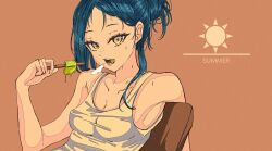 1girl armpits artdroiiid_ii blue_hair breasts chair cleavage commentary eating english_text food hair_behind_ear hair_bun hand_up highres holding holding_food holding_popsicle hot long_hair looking_at_viewer melting_popsicle on_chair open_mouth orange_background original popsicle sidelocks simple_background sitting small_breasts solo steam summer sun_symbol sweat symbol-only_commentary tank_top tongue upper_body white_tank_top yellow_eyes