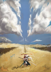 1girl absurdres alternate_costume animal_ears armor cloud cloudy_sky commentary ears_through_headwear english_commentary facing_away field flower fox_ears fox_girl fox_tail from_above from_behind hair_ribbon hat highres hololive japanese_armor jingasa long_hair long_sword mountainous_horizon multiple_swords outdoors painting_(medium) ponytail ribbon scenery shadow shirakami_fubuki sky smiley_(22412smiley) solo standing sword sword_on_back tail traditional_media weapon weapon_on_back white_hair
