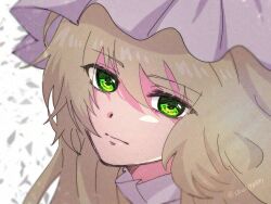 Rule 34 | 1girl, amai yume, amulet, blonde hair, cropped shoulders, expressionless, frilled hat, frills, green eyes, hat, highres, long hair, looking at viewer, mahou shoujo madoka magica, mahou shoujo oriko magica, mikuni oriko, portrait, solo, white background
