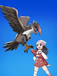 1girl amemachi_(nono_a) beanie bird black_eyes black_hair blue_sky closed_mouth coat commentary_request feet_out_of_frame gen_4_pokemon hat long_sleeves nintendo one_eye_closed open_mouth pink_coat pokemon pokemon_(creature) pokemon_dppt pokemon_platinum red_eyes scarf sky staraptor talons teeth thighhighs upper_teeth_only white_hat white_scarf white_thighhighs
