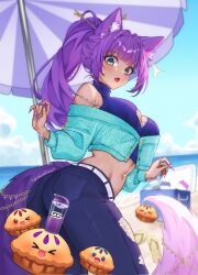 1girl animal_ear_fluff animal_ears artist_name ass beach beach_umbrella belt black_pants blue_cardigan blue_eyes breasts buttons cardigan cat_ears cha_cha_(vtuber) cleavage cleavage_cutout clothing_cutout cloud commission cooler corrupted_twitter_file cropped_cardigan cup cutiepie_(cha_cha) drowsenss food gamer_supps hair_ornament hair_stick highres indie_virtual_youtuber midriff mole mole_under_mouth navel navel_piercing ocean open_mouth pants pie piercing pocket ponytail purple_hair sandals sky solo tail tan torn_clothes torn_pants umbrella unworn_sandals virtual_youtuber white_belt