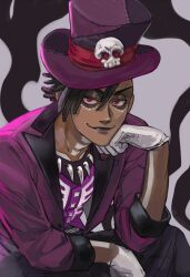 1boy black_eyeshadow black_lips brown_hair commentary_request dreadlocks eyeshadow gloves hat jewelry makeup male_focus necklace purple_eyes purple_hat purple_vest russian_commentary sam_(twisted_wonderland) sitting smile solo tooth_necklace top_hat twisted_wonderland vasiliy-plumber vest white_gloves