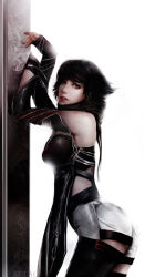 Rule 34 | 1girl, arms up, artist name, bare shoulders, black hair, black scarf, devil may cry: peak of combat, devil may cry (series), green eyes, heterochromia, highres, lady (devil may cry), looking at viewer, midriff peek, momokulala, parted lips, red eyes, scarf, shorts, simple background, white background, white shorts