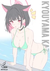 1girl alternate_costume animal_ears arm_support bikini black_choker black_hair blue_archive blunt_bangs blunt_ends blush bob_cut breasts bright_pupils cat_choker cat_ears cat_girl character_name choker cleavage colored_inner_hair commentary cowboy_shot extra_ears eyelashes front-tie_bikini_top front-tie_top gluteal_fold green_bikini hair_behind_ear hair_ornament hairclip halo halterneck highres kazusa_(blue_archive) leaning_forward looking_at_viewer medium_breasts multicolored_hair navel notice_lines open_mouth pink_hair pink_halo pool realen red_eyes ripples short_hair side-tie_bikini_bottom signature simple_background solo straight_hair swimsuit thigh_gap thighs twitter_username two-tone_hair wading water wet white_background