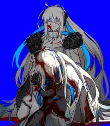 2girls aesc_(fate) aesc_(savior)_(fate) black_bow black_dress black_gloves blood blood_on_clothes blood_on_face blue_background blue_eyes bow dress dual_persona fate/grand_order fate_(series) fur_trim gloves hair_between_eyes hair_bow highres long_hair looking_at_viewer morgan_le_fay_(fate) morgan_le_fay_(queen_of_winter)_(fate) multiple_girls ponytail very_long_hair white_hair xs0z05wxzb52697