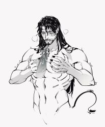 Rule 34 | 2boys, beard, between pecs, between pectorals, black nails, blush, breath, collarbone, commentary, completely nude, cropped legs, cum, cum on body, cum on penis, disembodied penis, ejaculation, english commentary, eyelashes, facial, facial hair, fingernails, frieda li, full-face blush, girthy penis, greyscale, hair behind ear, hands on own chest, highres, long hair, looking at penis, looking down, lower teeth only, male focus, monochrome, multiple boys, muscular, muscular male, nude, open mouth, original, pecjob, pectorals, penis, scar, scar across eye, scar on face, sharp fingernails, simple background, solo focus, tail, teeth, trembling, veins, veiny penis, very long hair, white background, yaoi