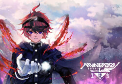 1boy absurdres ahoge black_streaks blood blue_eyes cape city cloud cloudy_sky copyright_name gakuran gloves hand_up highres hole_in_chest hole_on_body last_defense_academy_school_uniform looking_at_viewer male_focus multicolored_hair musaki_kokoro red_hair school_uniform short_hair signature sky solo streaked_hair sumino_takumi the_hundred_line_-last_defense_academy- upper_body white_gloves