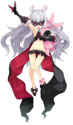 1girl :d ankle_garter antenna_hair armpits bare_shoulders blunt_bangs full_body fur_trim galaktika gauntlets gloves gluteal_fold groin highres hoshimiya_kate hototogisu_(hot_to_gis) legs long_hair lowleg lowleg_skirt mask midriff navel open_mouth red_eyes salute sekai_seifuku:_bouryaku_no_zvezda shoes silver_hair simple_background skirt smile solo star_(symbol) stuffed_animal stuffed_toy thigh_gap thighs venera-sama very_long_hair white_background