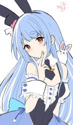 Rule 34 | 1girl, animal ears, bare shoulders, black hairband, black hat, black leotard, blue hair, blush, center frills, commentary request, detached sleeves, don-chan (usada pekora), fake animal ears, frills, hairband, hat, head tilt, highres, hololive, kiritoma, leotard, long hair, looking at viewer, mini hat, mini top hat, puffy short sleeves, puffy sleeves, rabbit-shaped pupils, rabbit ears, red eyes, short eyebrows, short sleeves, signature, simple background, solo, symbol-shaped pupils, thick eyebrows, tilted headwear, top hat, usada pekora, usada pekora (furi furi bunny dress), very long hair, virtual youtuber, white background, white sleeves, wrist cuffs