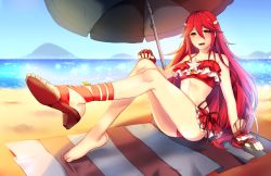 1girl bare_shoulders barefoot bikini bikini_skirt blush cordelia_(fire_emblem) cordelia_(knight_paradise)_(fire_emblem) female_focus fire_emblem fire_emblem_awakening fire_emblem_heroes gloves hair_ornament high_heel_sandals long_hair looking_at_viewer nintendo ocean one_shoe open_mouth parasol red_eyes red_hair sandals seashell shell shore smile solo starfish streyah summer swimsuit thighs towel umbrella