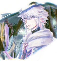 1boy fate/grand_order fate_(series) forest hair_between_eyes highres hood hooded_robe long_hair looking_at_viewer male_focus merlin_(fate) nature pppeipeipipi purple_eyes robe solo staff white_hair white_robe