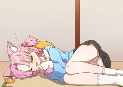 1girl animal_ear_fluff animal_ears black_skirt blue_archive blue_shirt cat_ears cat_girl cat_tail chlorella_observation_club_member_(blue_archive) closed_eyes hair_bobbles hair_ornament highres hugging_own_tail hugging_tail kindergarten_uniform lying miniskirt mountain_han no_panties on_side pink_hair pussy shirt short_hair skirt sleeping socks squeans tail white_socks