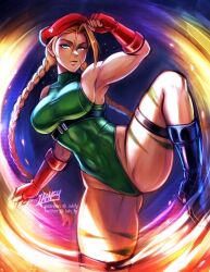 1girl aqua_eyes bare_shoulders beret black_boots blonde_hair boots braid breasts cammy_white commentary elbow_gloves fingerless_gloves gloves green_leotard hat high_heel_boots high_heels highleg highleg_leotard iahfy knee_up large_breasts leotard long_hair looking_at_viewer muscular muscular_female red_gloves red_hat scar solo street_fighter taut_leotard thigh_strap twin_braids very_long_hair