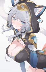 1girl :3 animal_ears black_gloves blue_eyes bow braid breasts cat_ears cat_tail cipher_(honkai:_star_rail) cleavage commentary_request fingerless_gloves gloves grey_background grey_hair hair_bow heart highres hone_kawa honkai:_star_rail honkai_(series) hood large_breasts looking_at_viewer medium_hair mole mole_on_breast single_braid solo spoken_heart tail white_bow