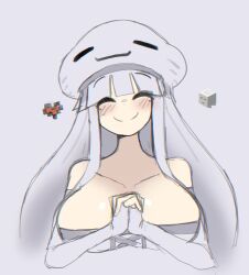 1girl bare_shoulders blush breasts cleavage closed_eyes closed_mouth collarbone creature_and_personification doce dress elbow_gloves fingerless_gloves ghast gloves happy_ghast hat heart highres interlocked_fingers large_breasts long_hair minecraft mole mole_under_each_eye mole_under_eye multiple_moles off-shoulder_dress off_shoulder own_hands_clasped personification smile upper_body white_background white_dress white_gloves white_hair white_hat
