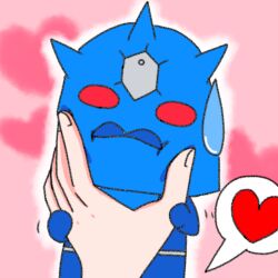 Rule 34 | 1boy, armor, blue armor, cheek squash, chibi, hands on another&#039;s hand, heart, heart background, imajin makomako, kamen rider, kamen rider den-o (series), male focus, monster, monster boy, pov, pov hands, squeezing, squeezing cheeks, sweat, sweatdrop, turtle, urataros