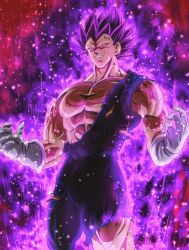 1boy abs absurdres aura blue_bodysuit bodysuit cowboy_shot dragon_ball dragon_ball_super gloves highres kuno_maru male_focus medium_hair muscular muscular_male no_eyebrows purple_hair solo spiked_hair torn_bodysuit torn_clothes vegeta veins white_gloves yellow_eyes