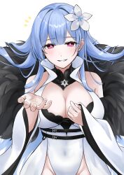 1girl absurdres azur_lane bare_shoulders black_fur blue_hair blush breasts cleavage coat covered_navel detached_sleeves flower fur-trimmed_coat fur_trim groin hair_flower hair_ornament highres large_breasts leotard long_hair mike_neu outstretched_hand red_eyes showgirl_skirt smile solo teeth very_long_hair voroshilov_(azur_lane) white_coat white_leotard