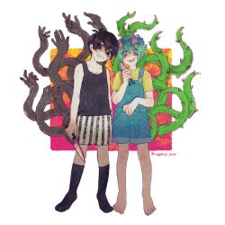 Rule 34 | 2boys, antenna hair, barefoot, basil (headspace) (omori), basil (omori), black eyes, black hair, black socks, black tank top, blue overalls, colored skin, evil grin, evil smile, flower, grin, head wreath, holding, holding knife, kneehighs, knife, looking at viewer, male focus, multiple boys, nagakun omo, omori, omori (omori), open mouth, overall shorts, overalls, plant, red pupils, sharp teeth, shirt, short hair, shorts, smile, socks, striped clothes, striped shorts, tank top, teeth, thorns, twitter username, upper teeth only, vertical-striped clothes, vertical-striped shorts, vines, white shorts, white skin, yellow shirt
