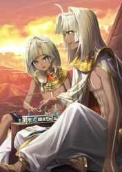 2boys :o abs age_difference ahoge arm_support arm_tattoo bangle board_game bracelet bright_pupils cape crossed_legs dark-skinned_male dark_skin dual_persona fate/grand_order fate_(series) full-body_tattoo game_cg gold_necklace gold_sandals grey_eyes hair_intakes hair_over_shoulder harem_pants holding jewelry long_hair looking_down low-tied_long_hair lower_teeth_only male_focus multiple_boys navel neck_tattoo necklace no_shirt official_art open_mouth orange_background orange_sky pants parted_bangs pectorals playing_games pyramid_(structure) sandals side_cape single_bare_arm sitting sky smile spoilers stomach_tattoo tattoo teeth third-party_source toes toned toned_male tutankhamun_(fate) tutankhamun_(second_ascension)_(fate) tutankhamun_(third_ascension)_(fate) upper_teeth_only usekh_collar white_cape white_pants white_pupils yoco_n_(lasengle)