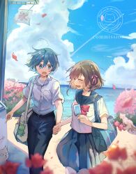 1boy 1girl :d :o absurdres animal bag bag_charm beach belt bird black_belt black_pants blue_bag blue_eyes blue_hair blue_sailor_collar blue_skirt blue_sky blurry blurry_foreground blush bow bowtie braid breast_pocket breasts brown_hair building bush buttons cat charm_(object) closed_eyes cloud collared_shirt commentary_request commission contrail cumulonimbus_cloud day depth_of_field dot_nose double-parted_bangs dress_pants dress_shirt falling_petals feet_out_of_frame flower food hair_between_eyes hair_ribbon hetero highres holding holding_food holding_hands holding_ice_cream horizon ice_cream miniskirt ocean open_mouth original outdoors pants petals pink_flower pink_petals pink_ribbon pleated_skirt pocket railing red_bow red_bowtie ribbon sailor_collar sand school_bag school_uniform serafuku shirt shirt_tucked_in short_hair short_sleeves side_braid sidelocks single_braid skeb_commission skirt sky small_breasts smile stuffed_animal stuffed_cat stuffed_toy surprised sweatdrop twitter_username umibatari undershirt walking water watermark white_bag white_cat white_shirt white_undershirt wind