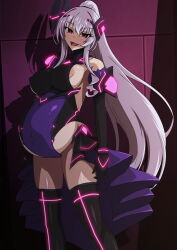 1girl absurdres aoi_tabane areola_slip big_belly black_gloves black_thighhighs bodysuit breasts commission corruption cosplay covered_erect_nipples dark_persona elbow_gloves gloves grey_hair headgear highres kouyoku_senki_exs-tia large_breasts leotard long_hair looking_at_viewer neon_trim open_mouth pixiv_commission ponytail pregnant purple_eyes rextia_mei rextia_mei_(cosplay) rieszverne_suzette_paladill sideboob skin_tight smile solo standing thighhighs very_long_hair