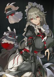 Rule 34 | 1girl, alexandrina sebastiane, anastella (zenless zone zero), apron, bangboo (zenless zone zero), black dress, black gloves, breasts, clenched teeth, dress, drusilla (zenless zone zero), gloves, grey hair, hair between eyes, highres, huge breasts, juliet sleeves, large breasts, long hair, long sleeves, looking at viewer, maid, maid apron, maid headdress, marumoru, parted lips, partially fingerless gloves, puffy sleeves, red eyes, solo, teeth, white apron, zenless zone zero