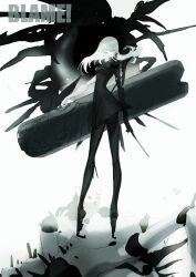 Rule 34 | 1girl, black dress, blame!, chinese commentary, cibo, commentary, copyright name, cyborg, dress, floating hair, from side, full body, high collar, highres, holding, holding wand, holding weapon, joints, legs apart, long hair, looking at viewer, looking back, looking to the side, mechanical arms, mechanical legs, mismatched arms, robot joints, safeguard (blame!), simple background, solo, standing, tanjidao, tiptoes, wand, weapon, white hair