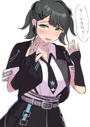 Rule 34 | 1girl, black hair, black jacket, black necktie, black skirt, blush, breasts, collarbone, collared shirt, commentary request, cowboy shot, embarrassed, flipped hair, green eyes, hair intakes, hair ornament, hands up, highres, i do me! (love live!), jacket, kaudon, large breasts, link! like! love live!, looking at viewer, love live!, momose ginko, necktie, official alternate costume, official alternate hairstyle, open clothes, open collar, open jacket, pleated skirt, shirt, short-sleeved jacket, short sleeves, skirt, solo, speech bubble, two side up, virtual youtuber, white shirt, x hair ornament