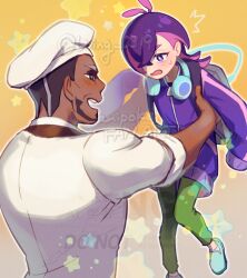 Rule 34 | 1boy, 1girl, ^^^, antenna hair, backpack, bag, bright pupils, commentary request, dark-skinned male, dark skin, dot (pokemon), facial hair, green pants, green shoes, grey bag, hair over one eye, hat, headphones, jacket, long hair, murdock (pokemon), nintendo, open mouth, pants, pink hair, pokemon, pokemon (anime), pokemon horizons, purple eyes, purple hair, purple jacket, shoes, short sleeves, star (symbol), sweatdrop, teeth, uncle and niece, upper teeth only, watermark, white hat, white pupils, wing (wing 0319)