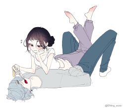 1boy 1girl black_hair commentary crop_top double_bun english_commentary ening_xoxo full_body hair_bun hair_over_one_eye highres holding holding_weapon kpop_demon_hunters lying lying_on_person musical_note mystery_(kpop_demon_hunter) on_back pants purple_pants shirt simple_background smile t-shirt twitter_username weapon white_background white_shirt zoey_(kpop_demon_hunters)