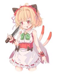 1girl :p ahoge apron bare_shoulders blonde_hair emil_chronicle_online frilled_apron frilled_hairband frilled_wristband frills green_ribbon hairband highres holding holding_knife kitchen_knife kitune47 knife pink_ribbon red_eyes ribbon tentacle_alma tongue tongue_out white_apron white_background