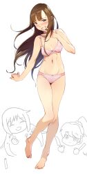 3girls ^_^ absurdres amatsu_amaguri animal_print arm_at_side aroused bare_arms bare_legs barefoot blush bow bow_bra bow_panties bra breasts breasts_apart brown_hair butterfly_print closed_eyes collarbone commentary_request doodle_inset double-parted_bangs embarrassed feet fingernails floating_hair full_body hand_to_own_mouth highres holding holding_knife idolmaster idolmaster_cinderella_girls knife long_fingernails long_hair medium_breasts mellow_yellow_(idolmaster) mizumoto_yukari multiple_girls nail_polish nakano_yuka navel nose_blush open_mouth orange_eyes orange_nails panties parted_lips pink_bra pink_panties ponytail print_bra print_panties raised_eyebrows raised_inner_eyebrows shiina_noriko smile solo_focus spread_fingers straight_hair toenails toes twintails underwear underwear_only variant_set