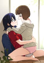 2girls barefoot black_hair blush brown_hair closed_eyes closed_mouth commentary_request day grey_hoodie habsida_(habsida_hpy) hand_on_another&#039;s_waist hands_on_another&#039;s_shoulders highres hood hoodie kill_la_kill korean_commentary light_particles looking_at_another mankanshoku_mako matoi_ryuuko multiple_girls open_mouth panties pink_panties red_shirt shirt short_hair short_sleeves sitting sitting_on_lap sitting_on_person smile underwear yuri
