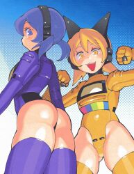 2girls :3 animal_ear_headphones animal_ears ass back blonde_hair clenched_hands eyelashes fake_animal_ears from_below game_boy game_boy_color hair_between_eyes handheld_game_console hands_up headphones highleg highleg_leotard highres inkerton-kun leotard long_sleeves looking_at_viewer looking_down multiple_girls nintendo open_mouth personification purple_eyes purple_hair purple_leotard purple_thighhighs short_hair short_twintails smile teeth thighhighs twintails upper_teeth_only yellow_eyes yellow_leotard yellow_thighhighs