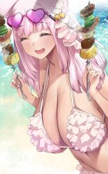 1girl animal_ear_fluff animal_ears arm_up beach bell bell_pepper bikini blush breasts cat_ears cat_girl cleavage cooking corn eyewear_on_head food frilled_bikini_top frills glasses grilling groin hair_bell hair_ornament heart heart-shaped_eyewear highres holding holding_food holding_skewer indie_virtual_youtuber jingle_bell kouya_no_naga_samurai large_breasts long_hair meat mole mole_on_breast navel ocean open_mouth pink_bikini pink_hair sagging_breasts sausage skewer smile solo swimsuit tenshouin_himeno thomasz virtual_youtuber