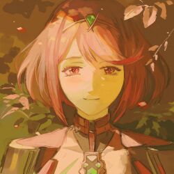 1girl bob_cut closed_mouth commentary_request core_crystal_(xenoblade) eyelashes highres looking_at_viewer machibari2 medium_hair pyra_(xenoblade) red_eyes red_hair smile solo tiara upper_body xenoblade_chronicles_(series) xenoblade_chronicles_2