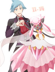 1boy :d bad_id bad_pixiv_id belt black_jacket black_pants blue_eyes blue_hair dated diancie gen_6_pokemon grey_belt holding_hands jacket jewelry legendary_pokemon male_focus mythical_pokemon nintendo open_clothes open_jacket open_mouth pants pokemon pokemon_(creature) pokemon_oras red_neckwear ring smile steven_stone white_background yukin_(es)