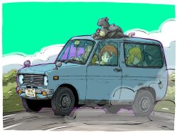 Rule 34 | 1girl, 2boys, book, car, cat, crowded, highres, holding, holding book, license plate, looking at another, looking to the side, motor vehicle, multiple boys, original, reading, road, vehicle focus, vehicle request, wheel, yabarn
